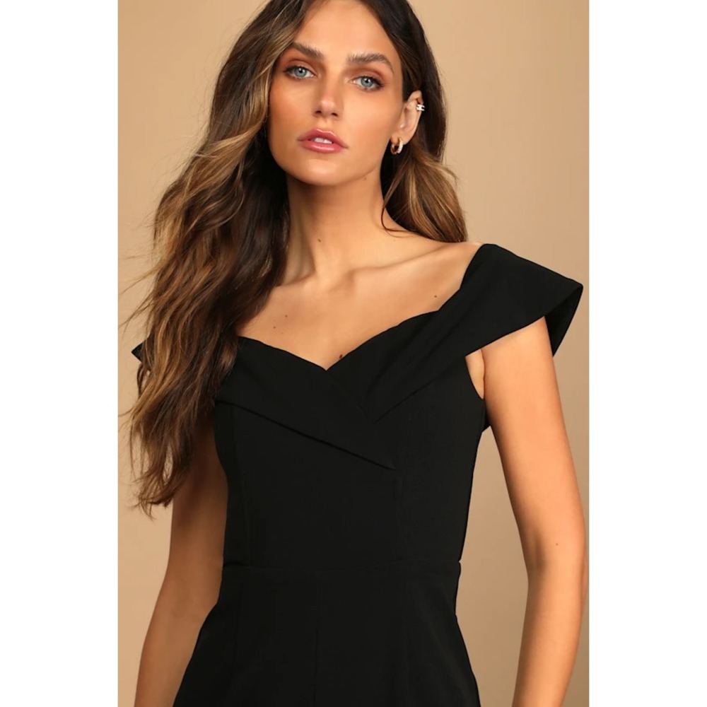 NWT LULUS XL Black Love Me Tomorrow Wide Leg Off The Shoulder Jumpsuit Stretch - Picture 3 of 13